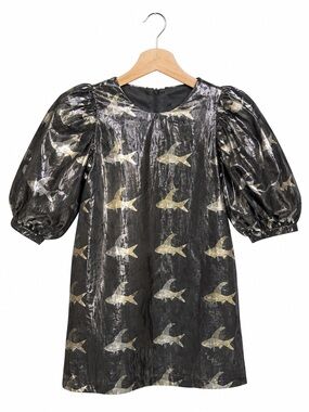 Caroline Bosmans Metallic Shark Print Dress Girls Size 8 Designer Statement